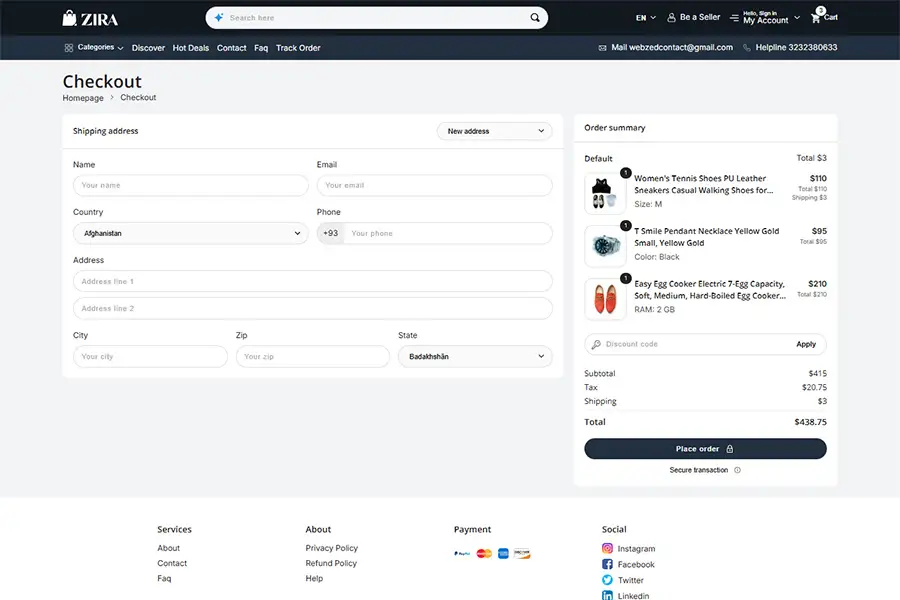 ZIRA checkout page with order summary, shipping details, and payment options