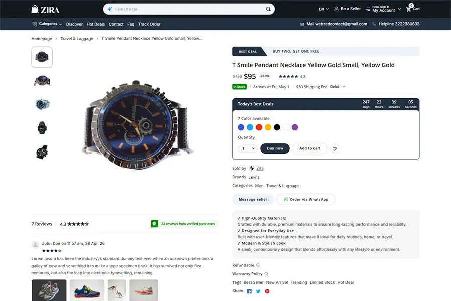 ZIRA product detail page with images, pricing, description, and add to cart option