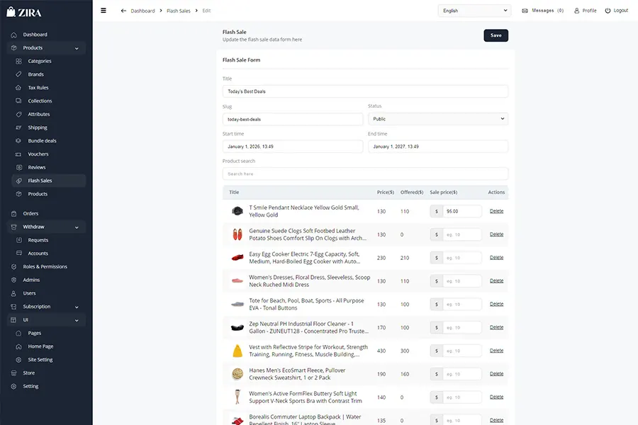 ZIRA admin flash sale editor with discount settings, product selection, and schedule controls
