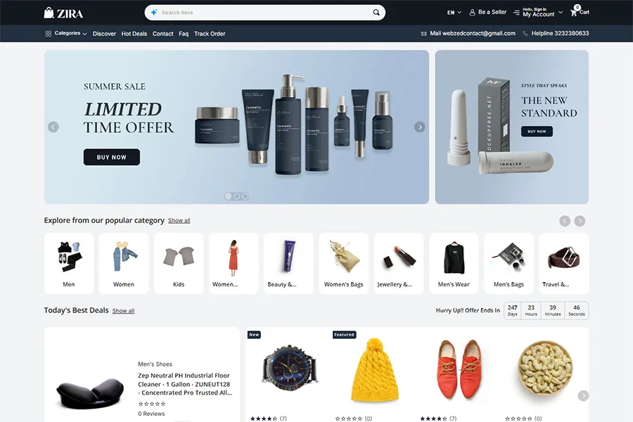 ZIRA eCommerce homepage with banners, categories, and featured products