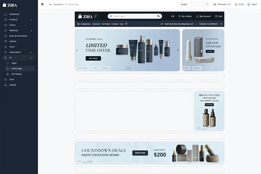 ZIRA admin homepage editor with banners, sections, and layout customization tools