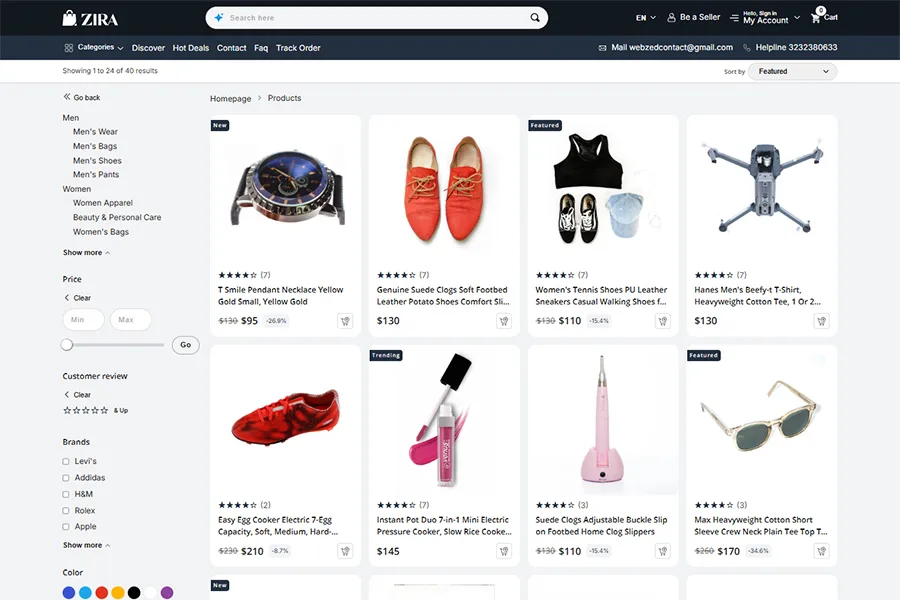 ZIRA product listing page with category filters, product grid, and sorting options