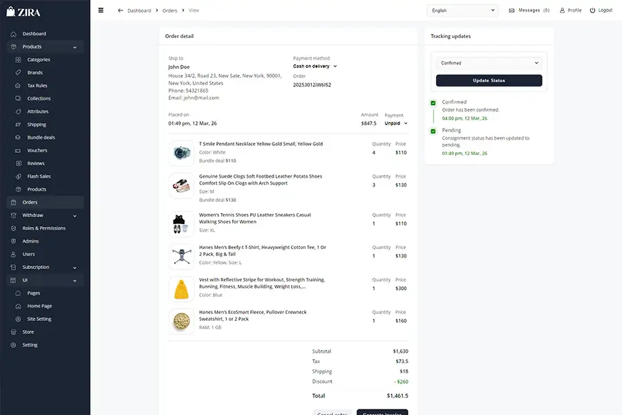 ZIRA admin order detail page with customer info, items, and order status management