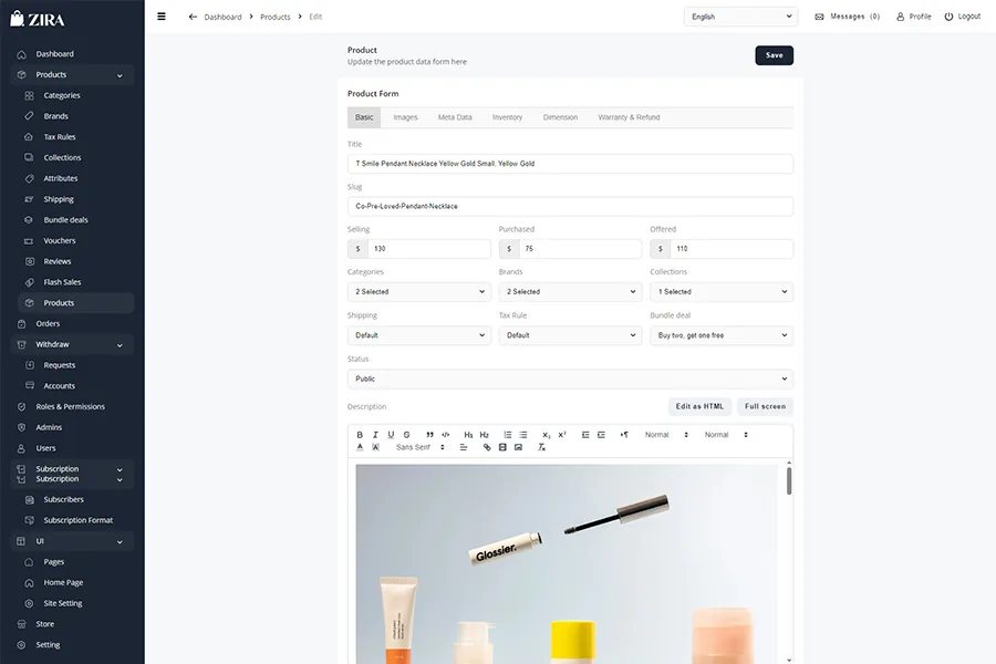 ZIRA admin product edit page with fields for title, pricing, images, and description