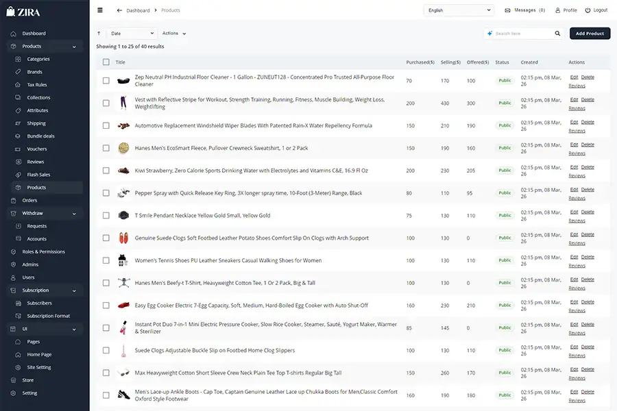 ZIRA admin product list with product table, filters, and bulk management options