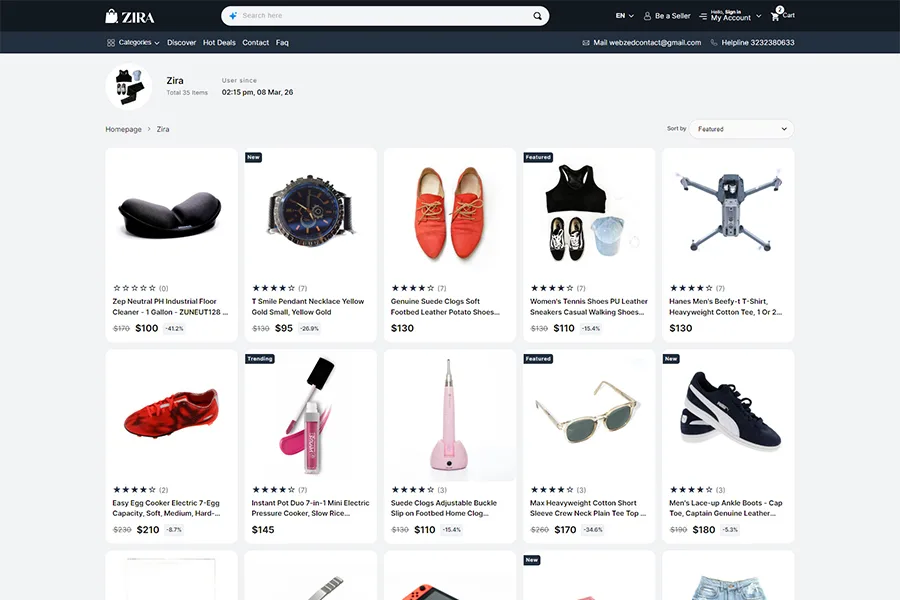 ZIRA vendor store page showing seller profile, products, and ratings